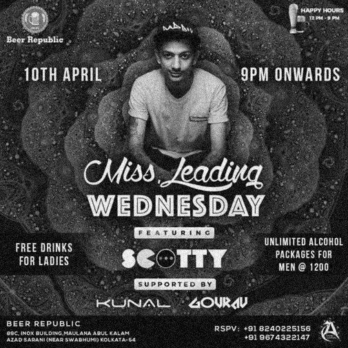 Archive flyer: Miss Leading Wednesday featuring Scotty at Beer Republic, Kolkata